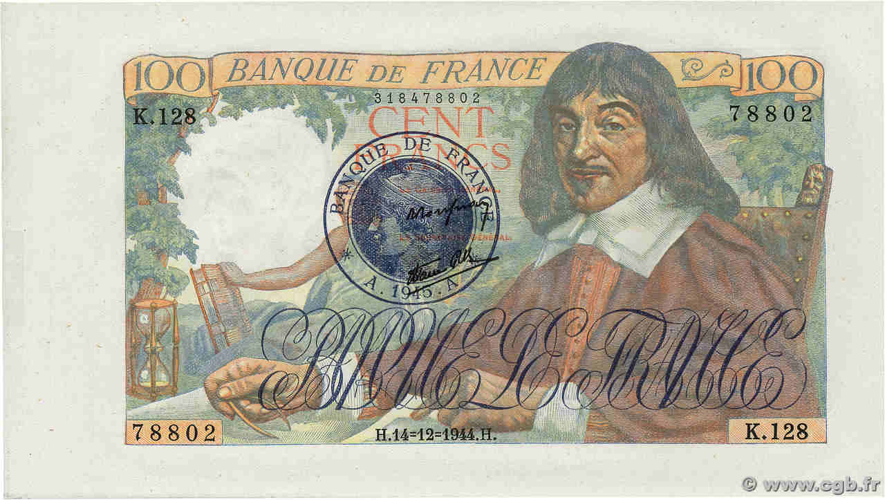 100 Francs DESCARTES 1945 Non émis FRANCE  1944 F.27.09NE pr.NEUF