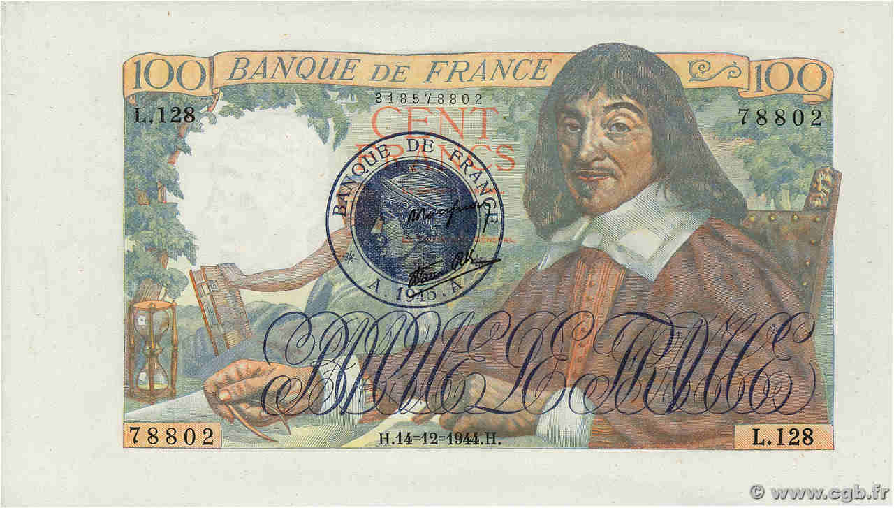 100 Francs DESCARTES 1945 Non émis FRANCE  1944 F.27.09NE pr.NEUF