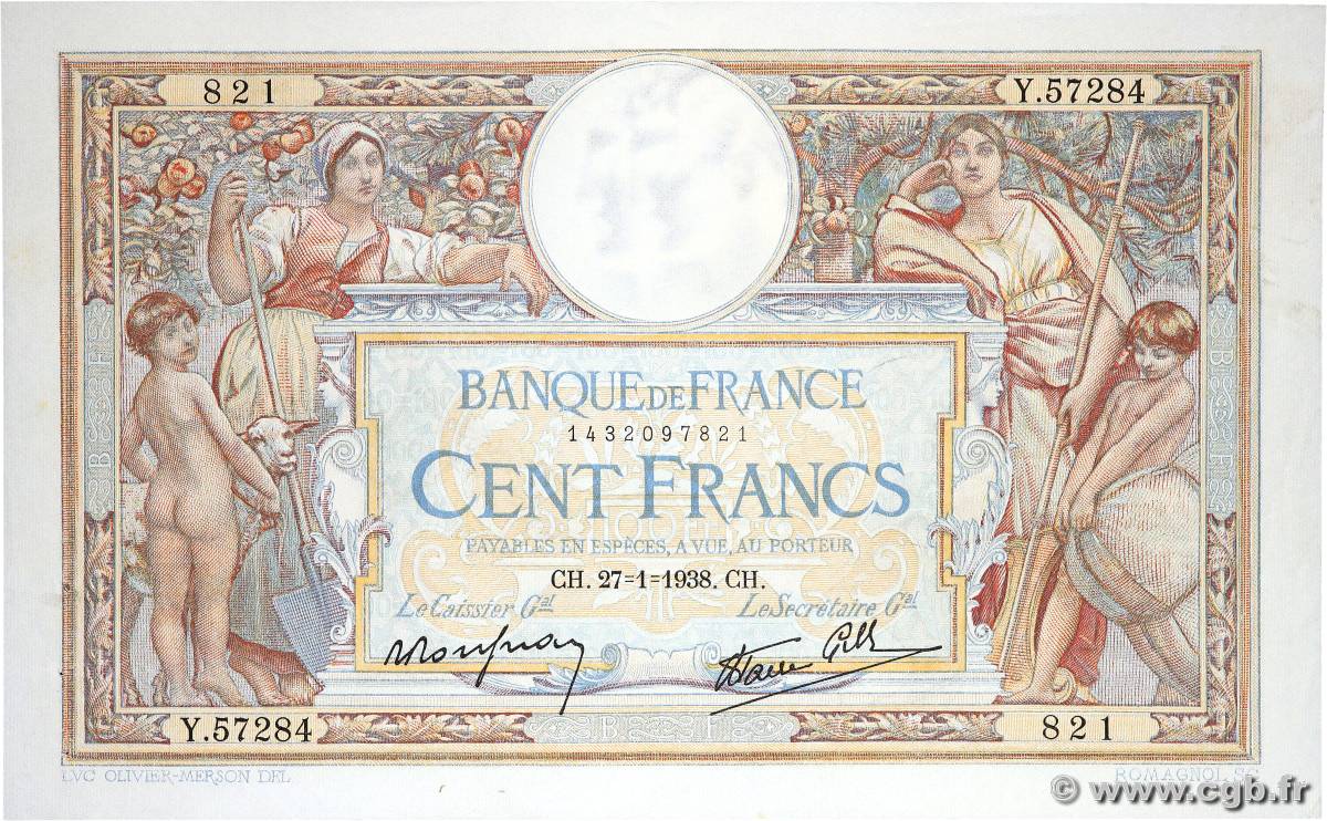 100 Francs LUC OLIVIER MERSON type modifié FRANCIA  1938 F.25.09 SPL