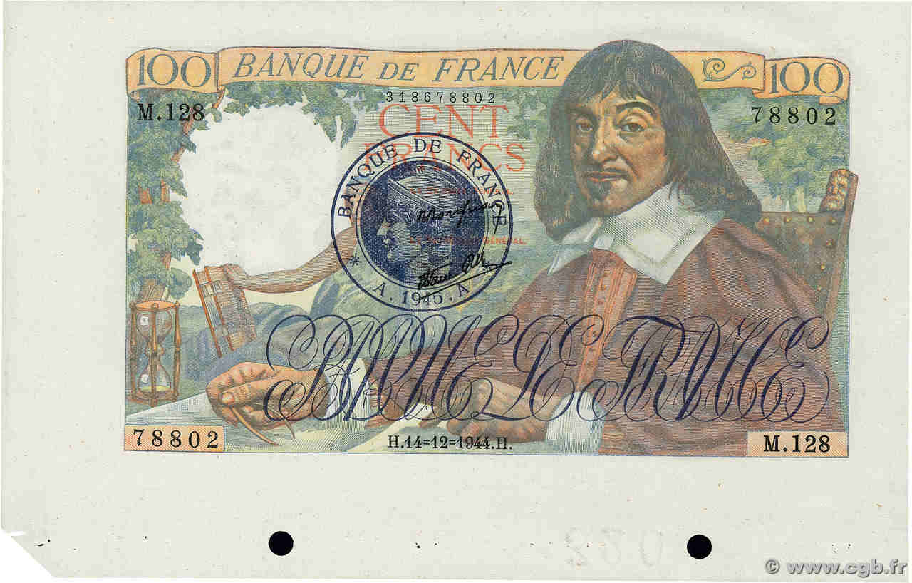 100 Francs DESCARTES 1945 Non émis FRANCE  1944 F.27.09NE pr.NEUF