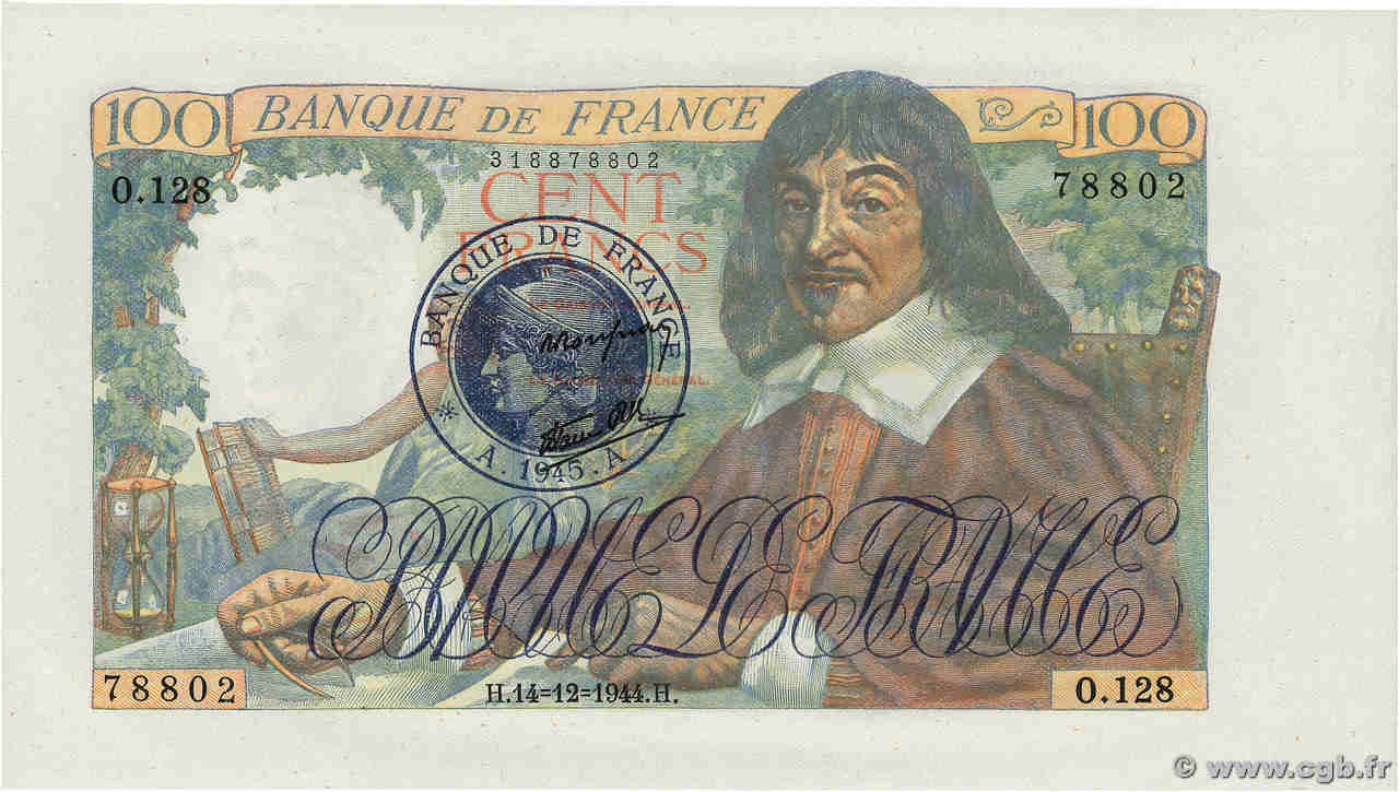 100 Francs DESCARTES 1945 Non émis FRANCE  1944 F.27.09NE pr.NEUF