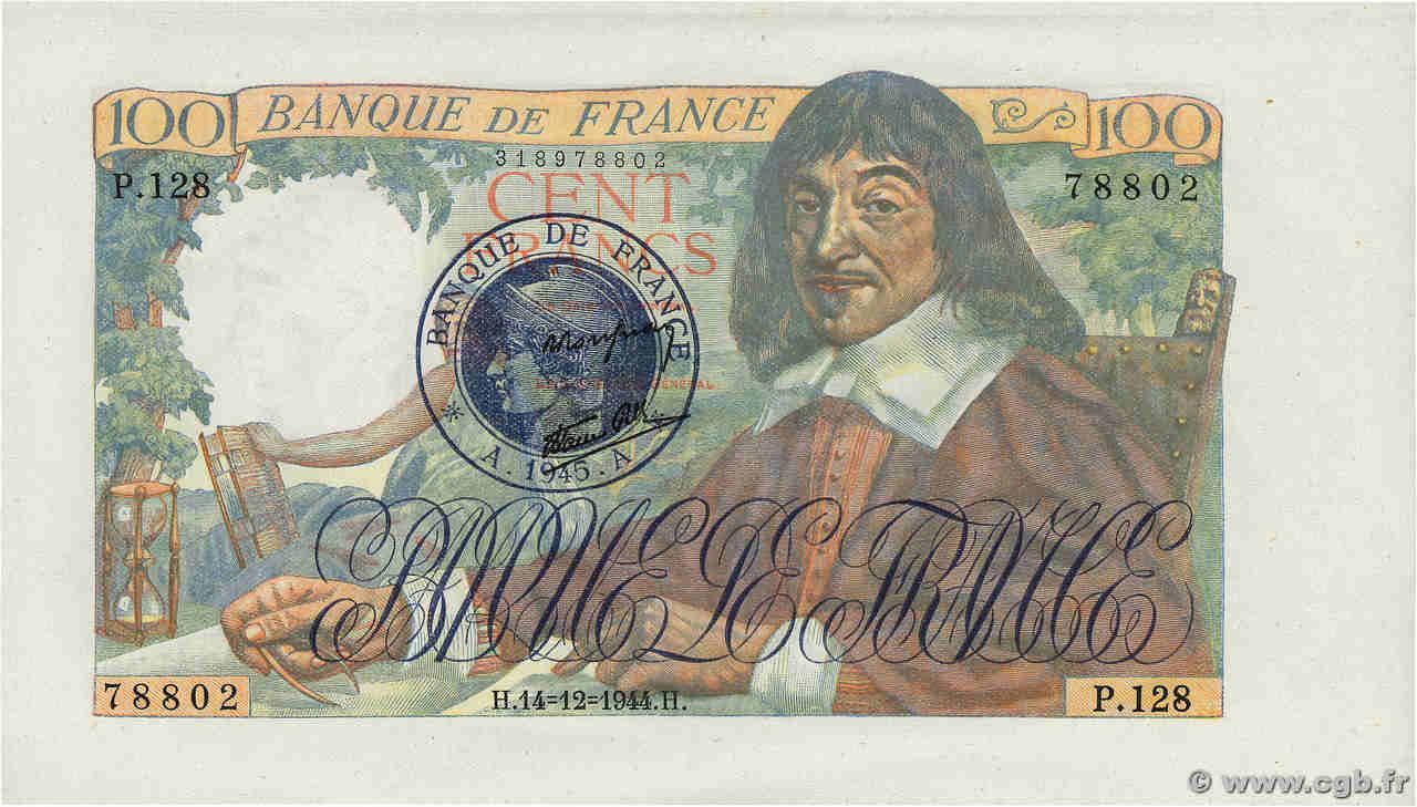 100 Francs DESCARTES 1945 Non émis FRANCE  1944 F.27.09NE pr.NEUF