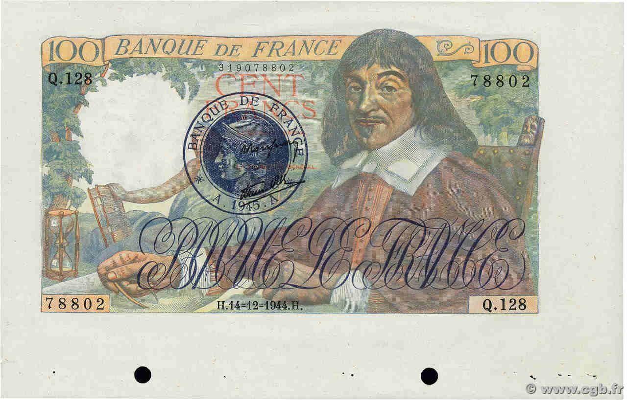 100 Francs DESCARTES 1945 Non émis FRANCIA  1944 F.27.09NE q.FDC