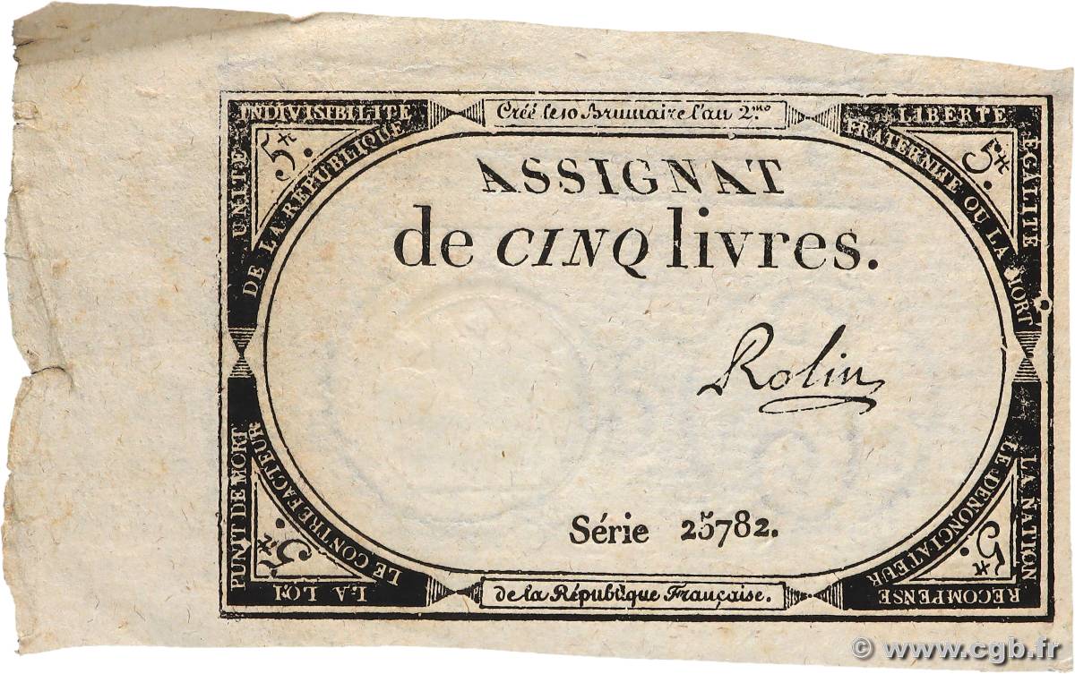 5 Livres FRANCE  1793 Ass.46a pr.SUP