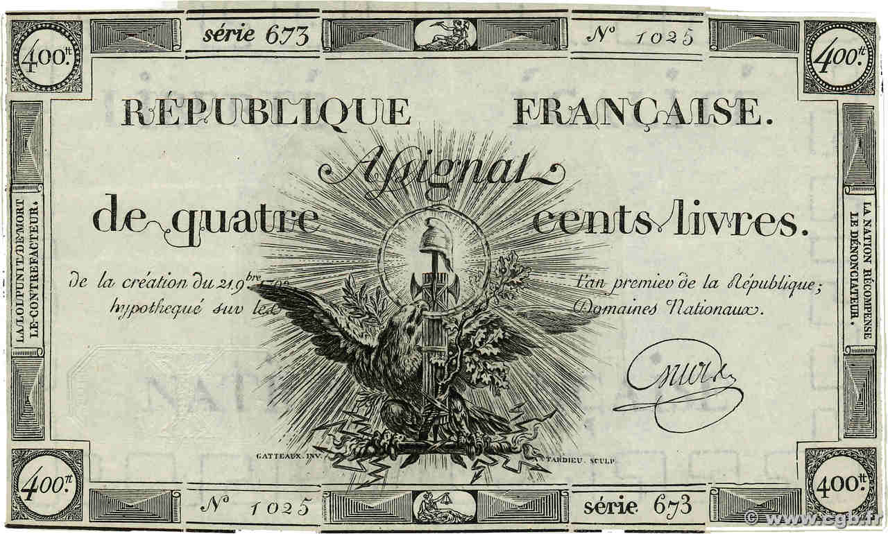 400 Livres FRANCE  1792 Ass.38a VF