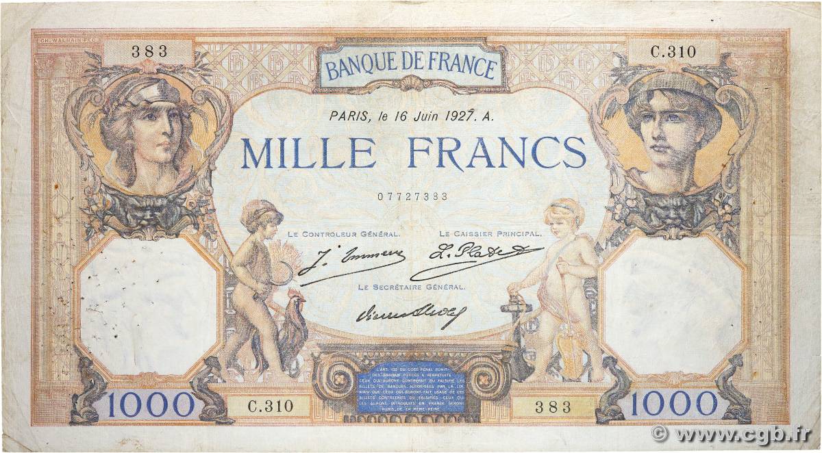 1000 Francs CÉRÈS ET MERCURE FRANCE  1927 F.37.01 B+