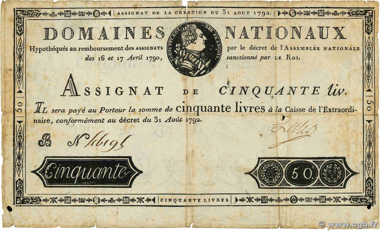 50 Livres FRANCE  1792 Ass.32a B+