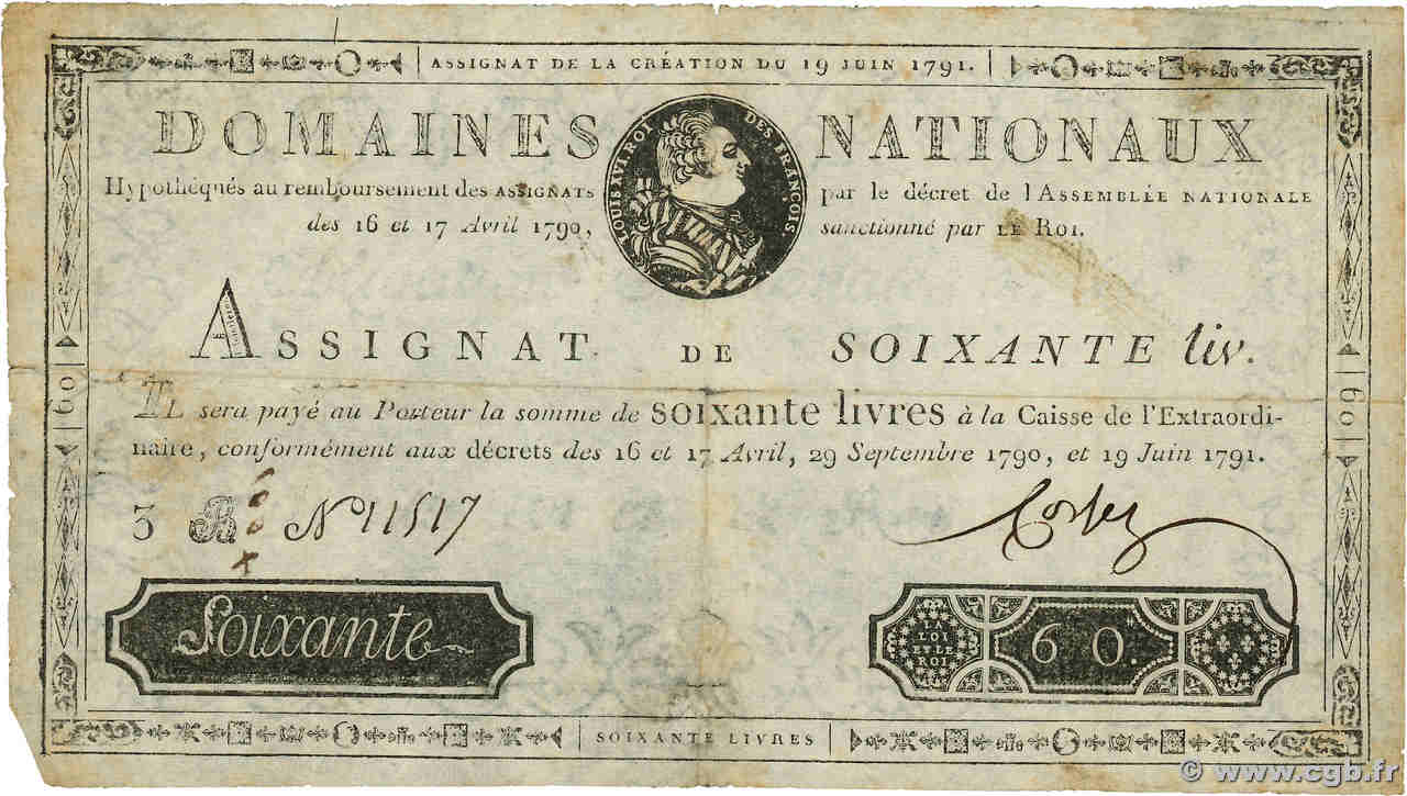 60 Livres FRANCE  1791 Ass.14a B