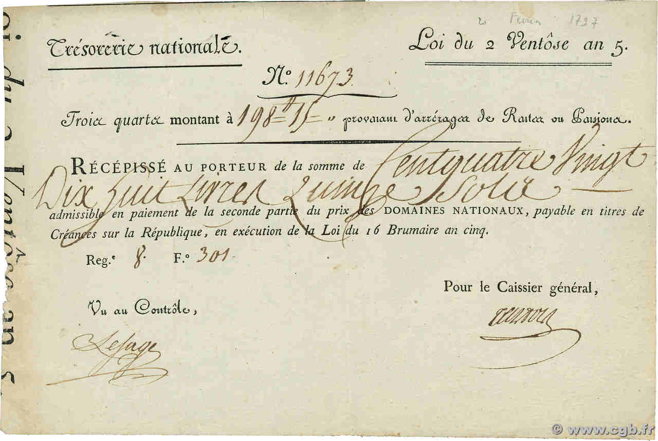 198 Livres et 15 Sole Bon des Trois-Quarts FRANCIA  1796 Laf.206 MBC