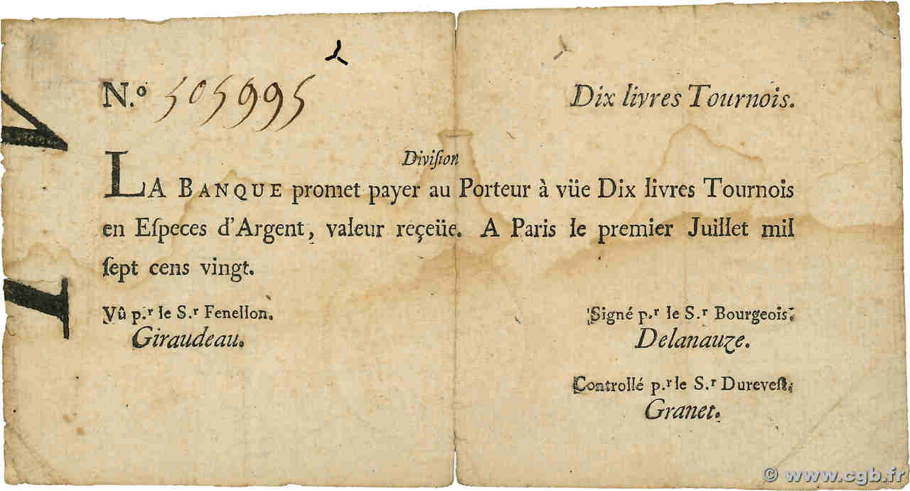 10 Livres Tournois typographié FRANKREICH  1720 Dor.22 S