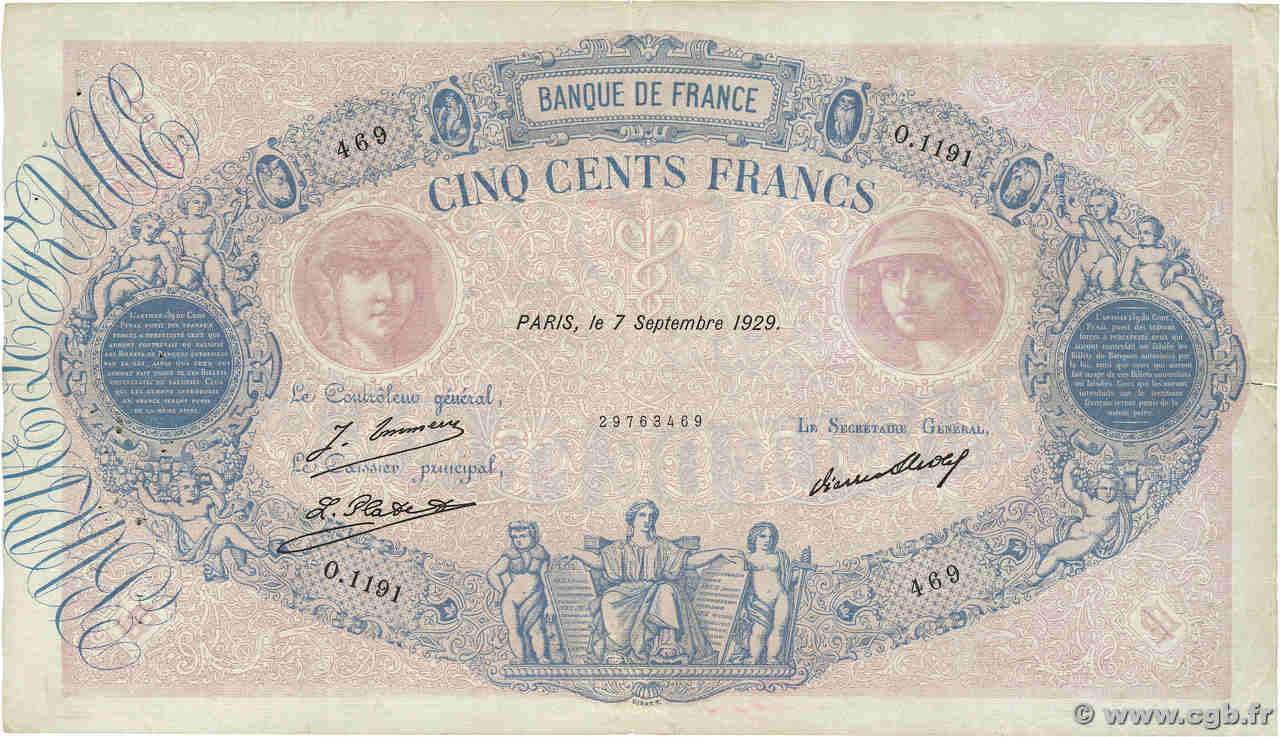500 Francs BLEU ET ROSE FRANKREICH  1929 F.30.32 fSS