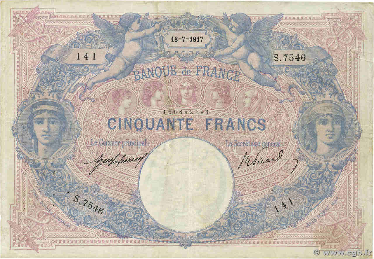 50 Francs BLEU ET ROSE FRANCE  1917 F.14.30 pr.TTB