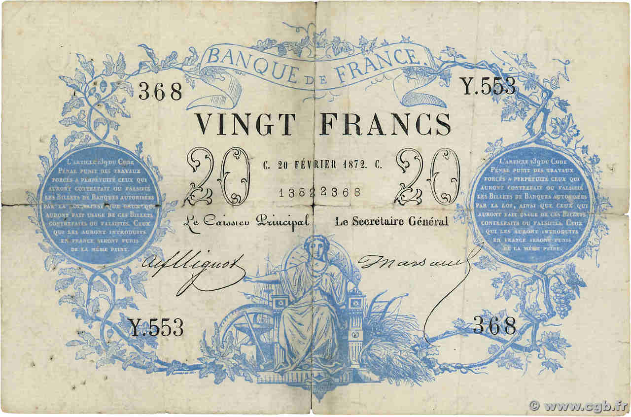 20 Francs type 1871 - Bleu FRANCE  1872 F.A46.03 B+