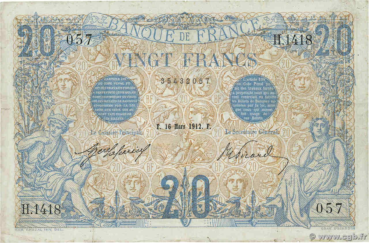 20 Francs BLEU FRANCE  1912 F.10.02 VF-