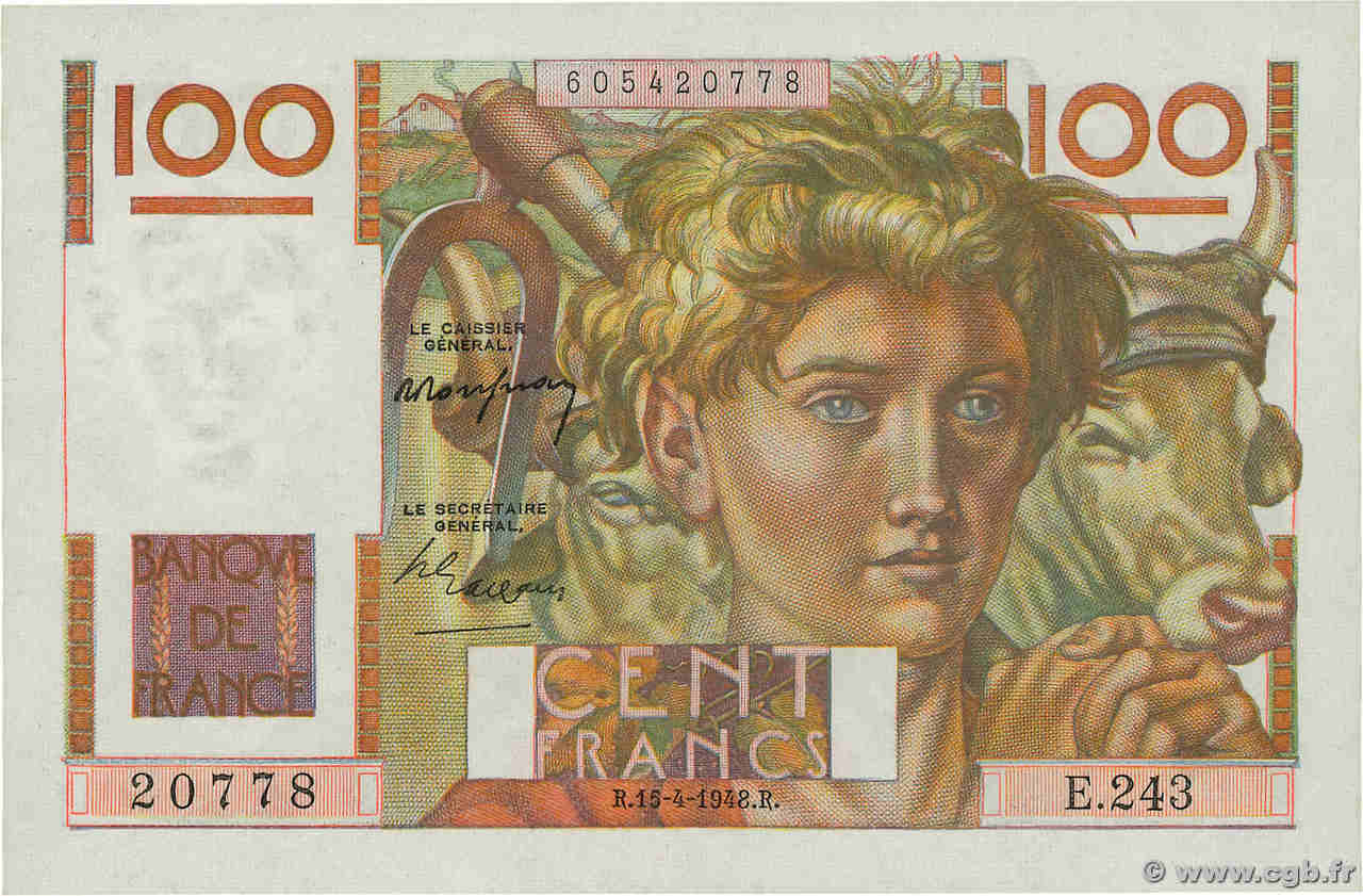100 Francs JEUNE PAYSAN FRANCE  1948 F.28.17 UNC-