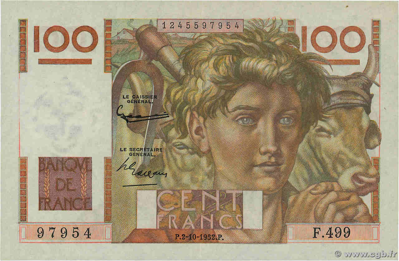 100 Francs JEUNE PAYSAN filigrane inversé FRANCE  1952 F.28bis.01 XF-