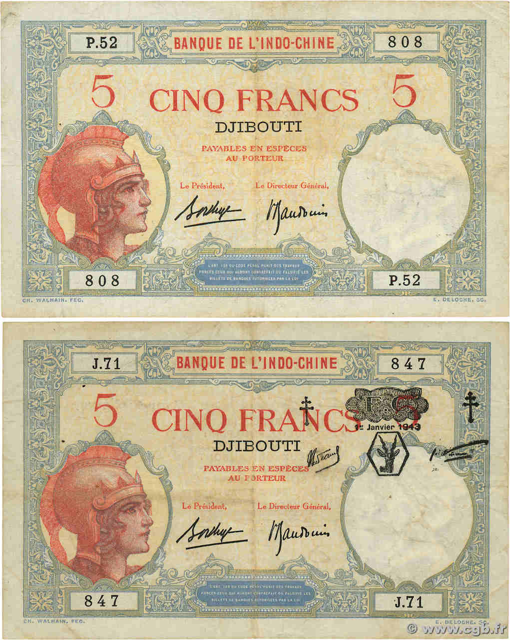 5 Francs Lot DJIBOUTI  1936 P.06b et P.11 TB