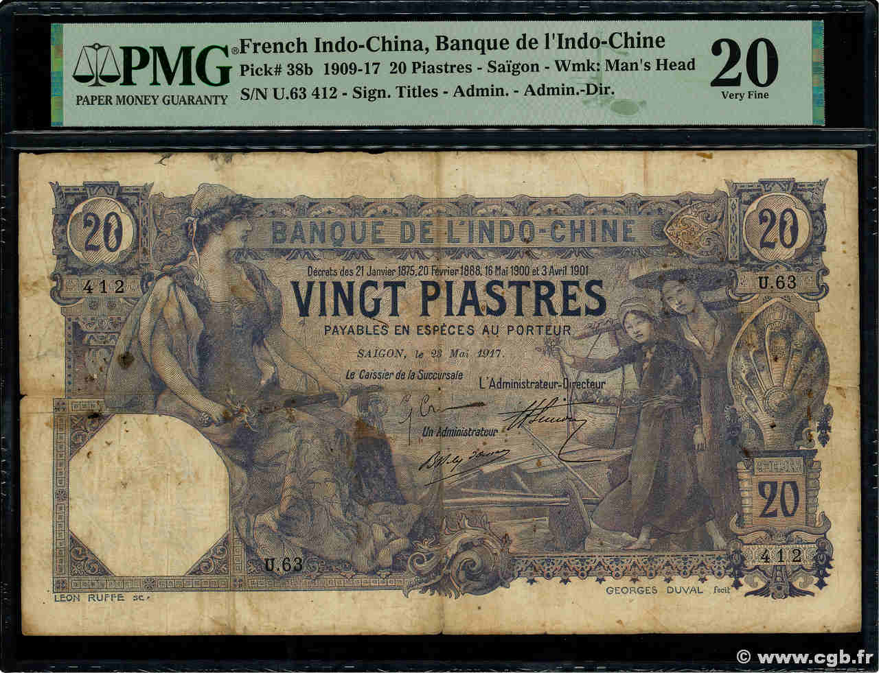 20 Piastres INDOCHINE FRANÇAISE Saïgon 1917 P.038b TB