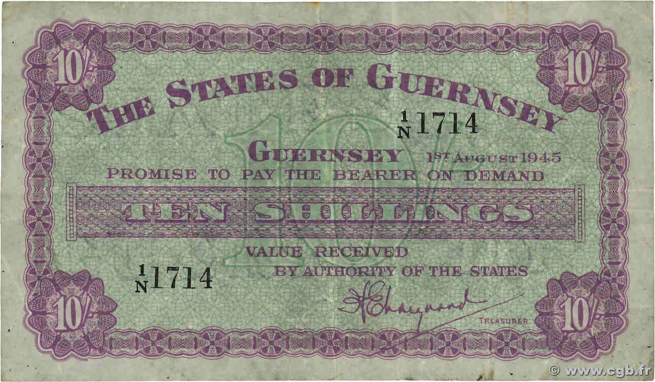 10 Shillings GUERNSEY  1950 P.42a F+