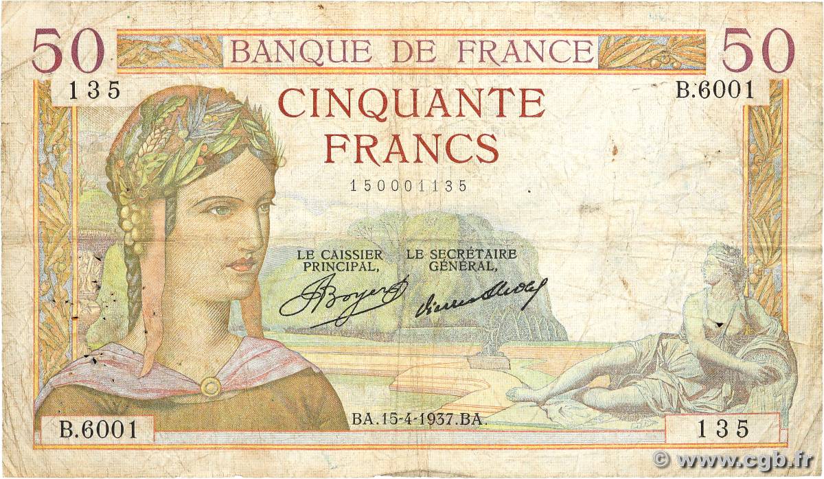 50 Francs CÉRÈS FRANCE  1937 F.17.37 B