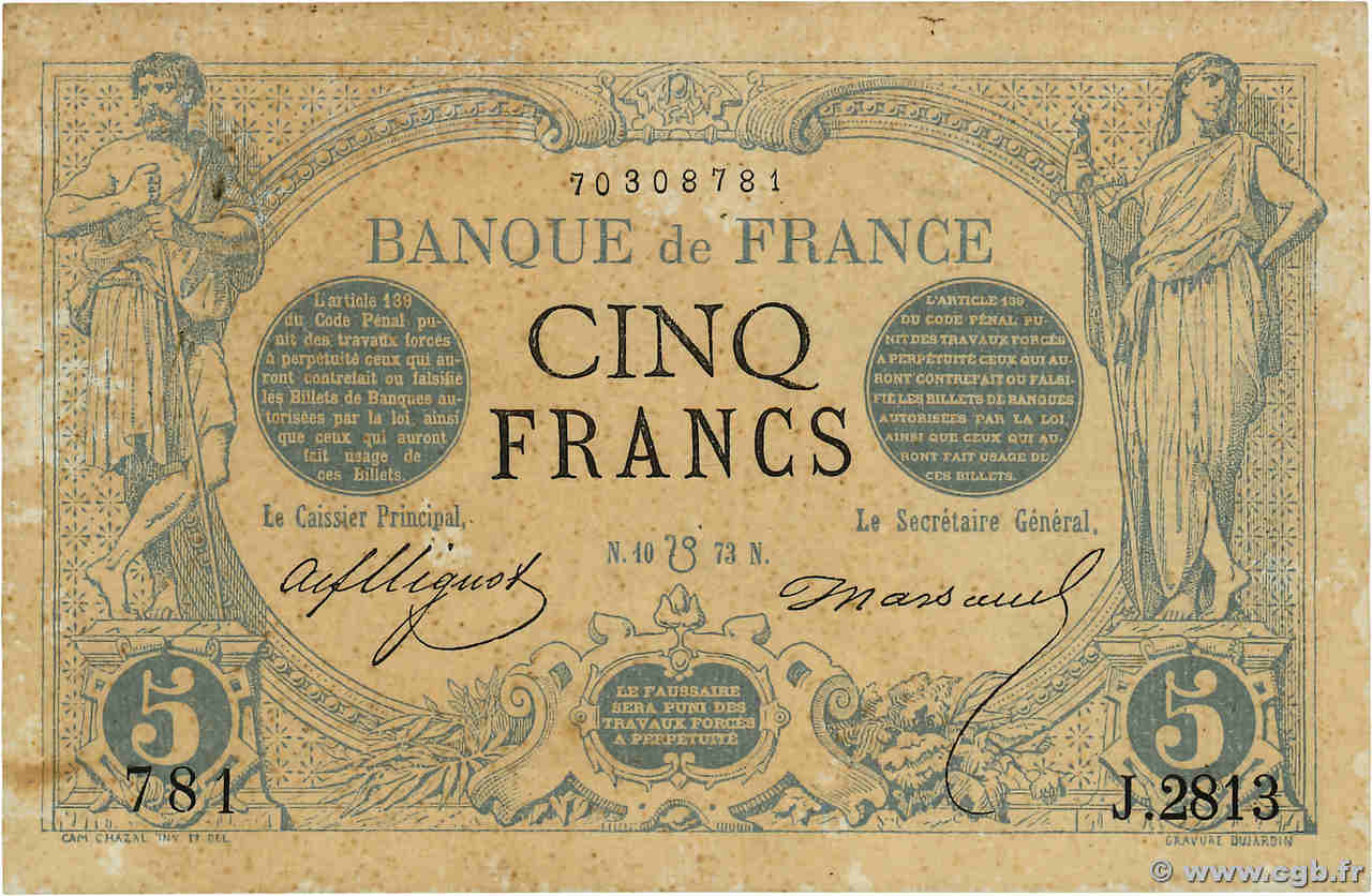 5 Francs NOIR FRANCE  1873 F.01.20 TTB+