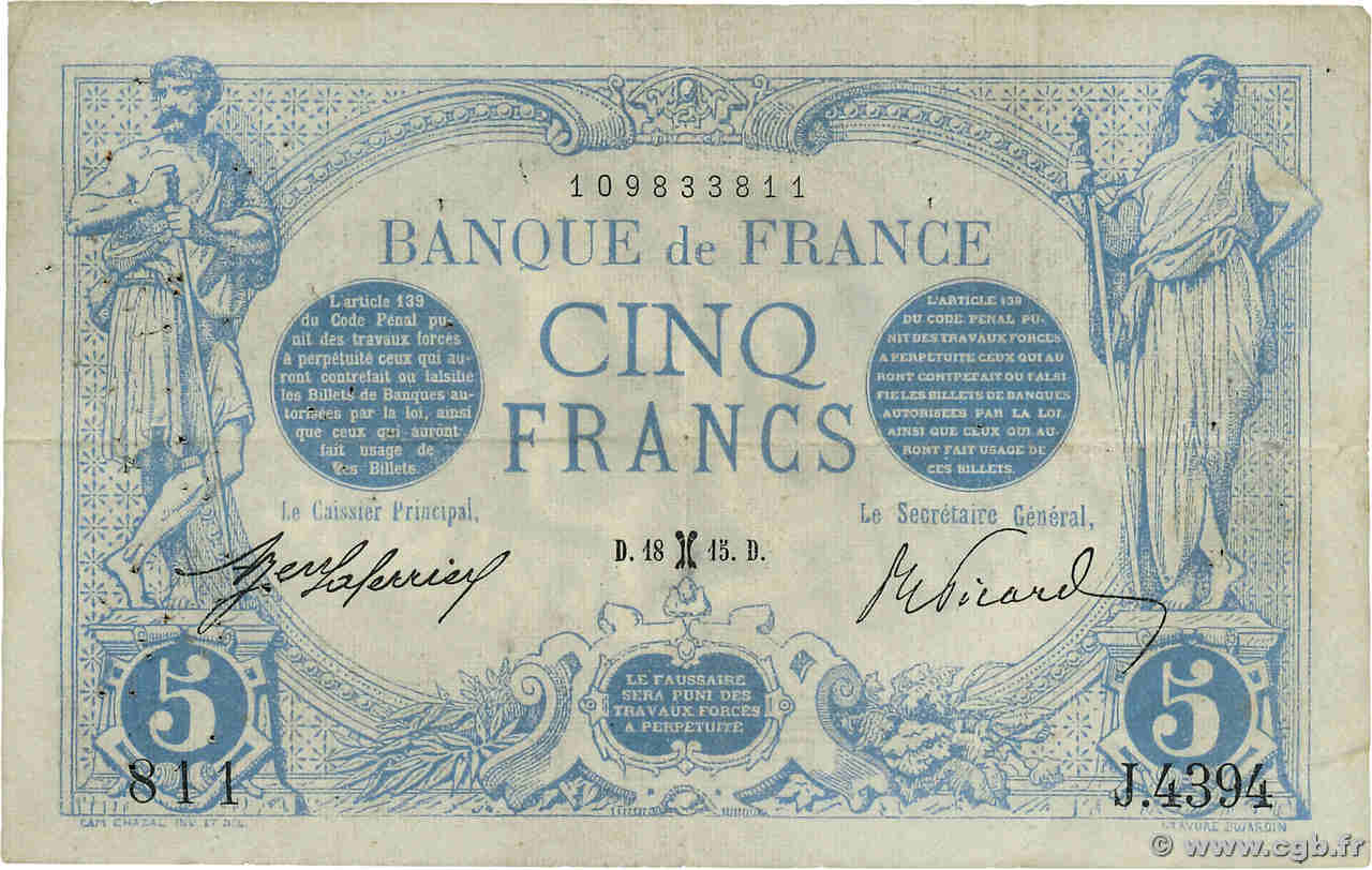 5 Francs BLEU FRANCE  1915 F.02.24 F+