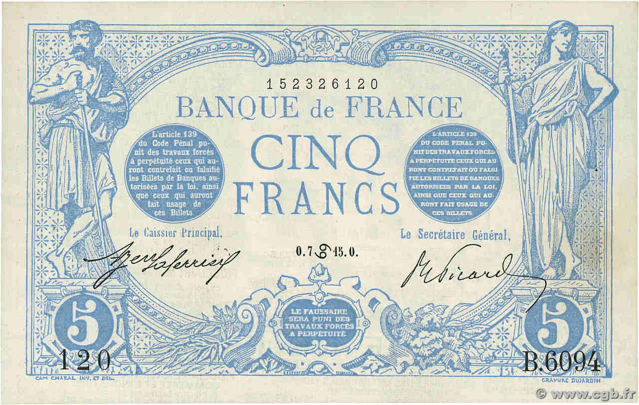 5 Francs BLEU FRANCE  1915 F.02.28 VF+