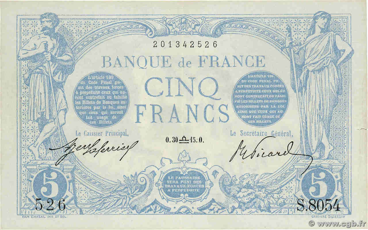 5 Francs BLEU FRANCE  1915 F.02.31 VF+