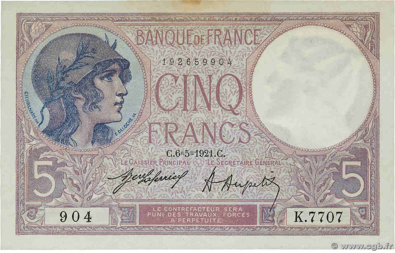 5 Francs FEMME CASQUÉE FRANCIA  1921 F.03.05 MBC+