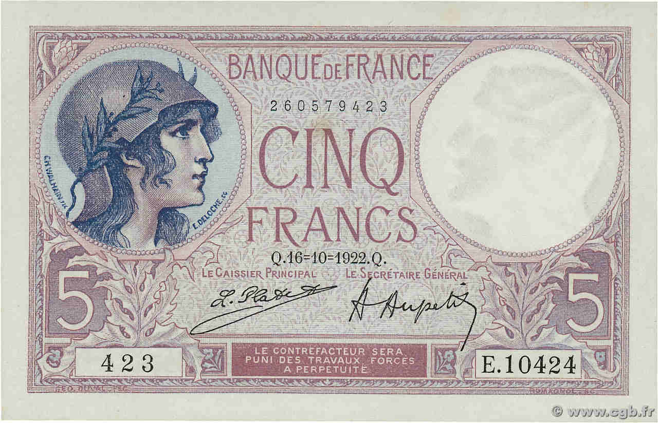 5 Francs FEMME CASQUÉE FRANCE  1922 F.03.06 SUP