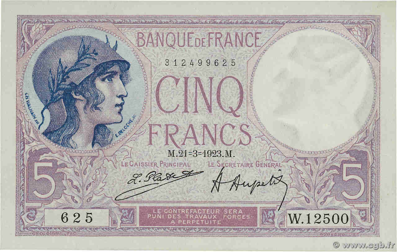 5 Francs FEMME CASQUÉE FRANCE  1923 F.03.07 SPL