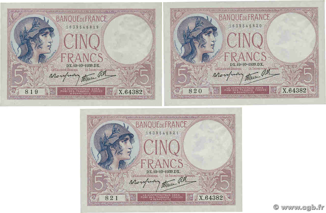 5 Francs FEMME CASQUÉE modifié Consécutifs FRANCE  1939 F.04.12 UNC-