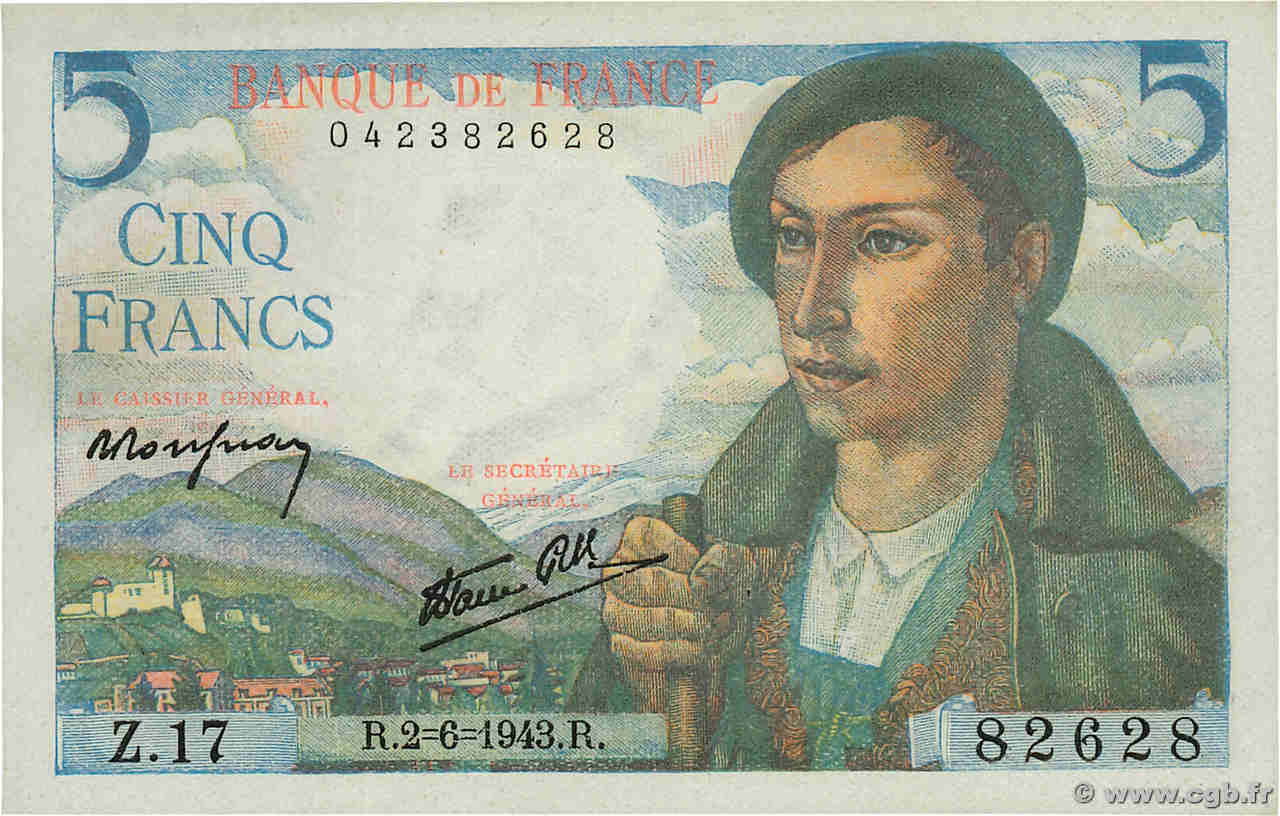 5 Francs BERGER Numéro radar FRANCIA  1943 F.05.01 AU