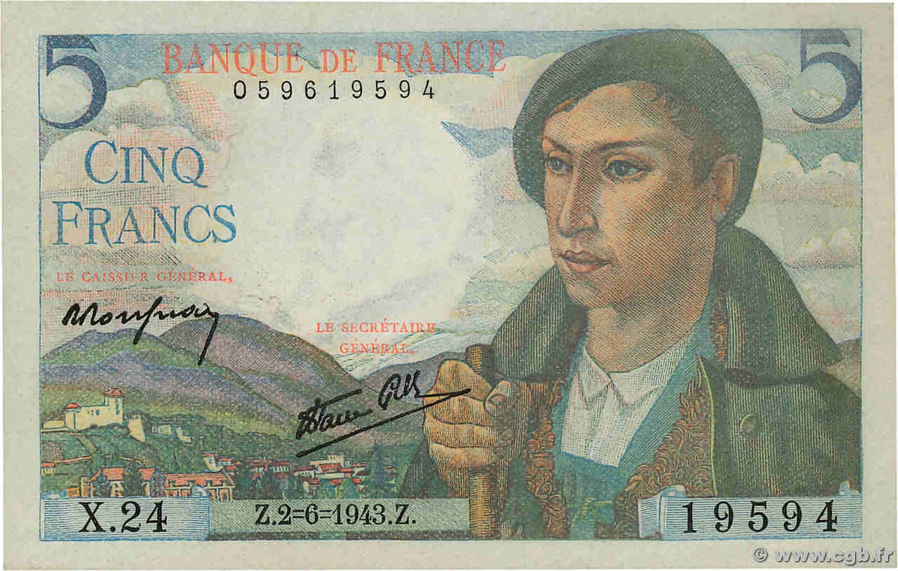 5 Francs BERGER FRANCIA  1943 F.05.01 q.FDC
