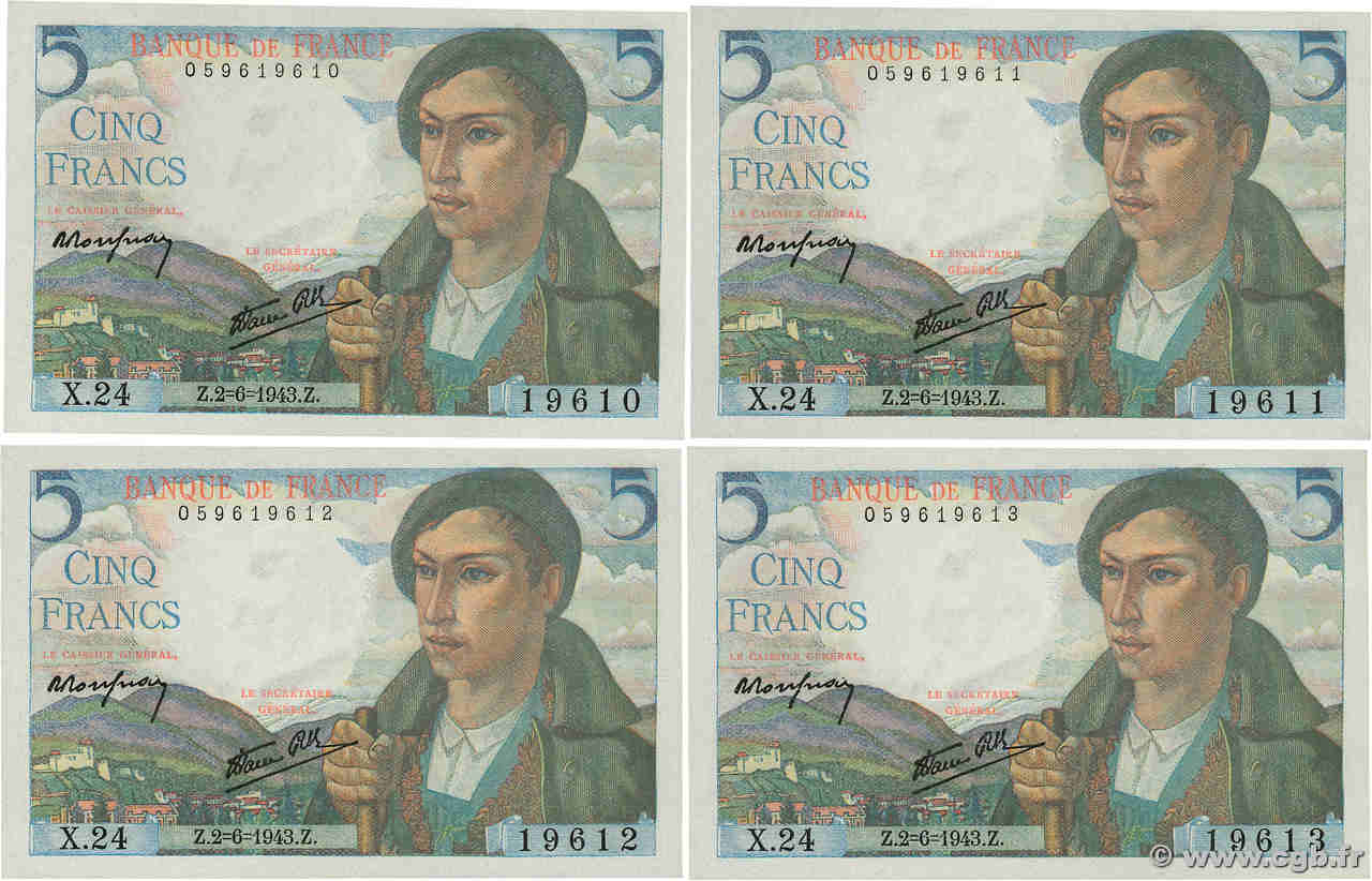 5 Francs BERGER Consécutifs FRANCE  1943 F.05.01 NEUF