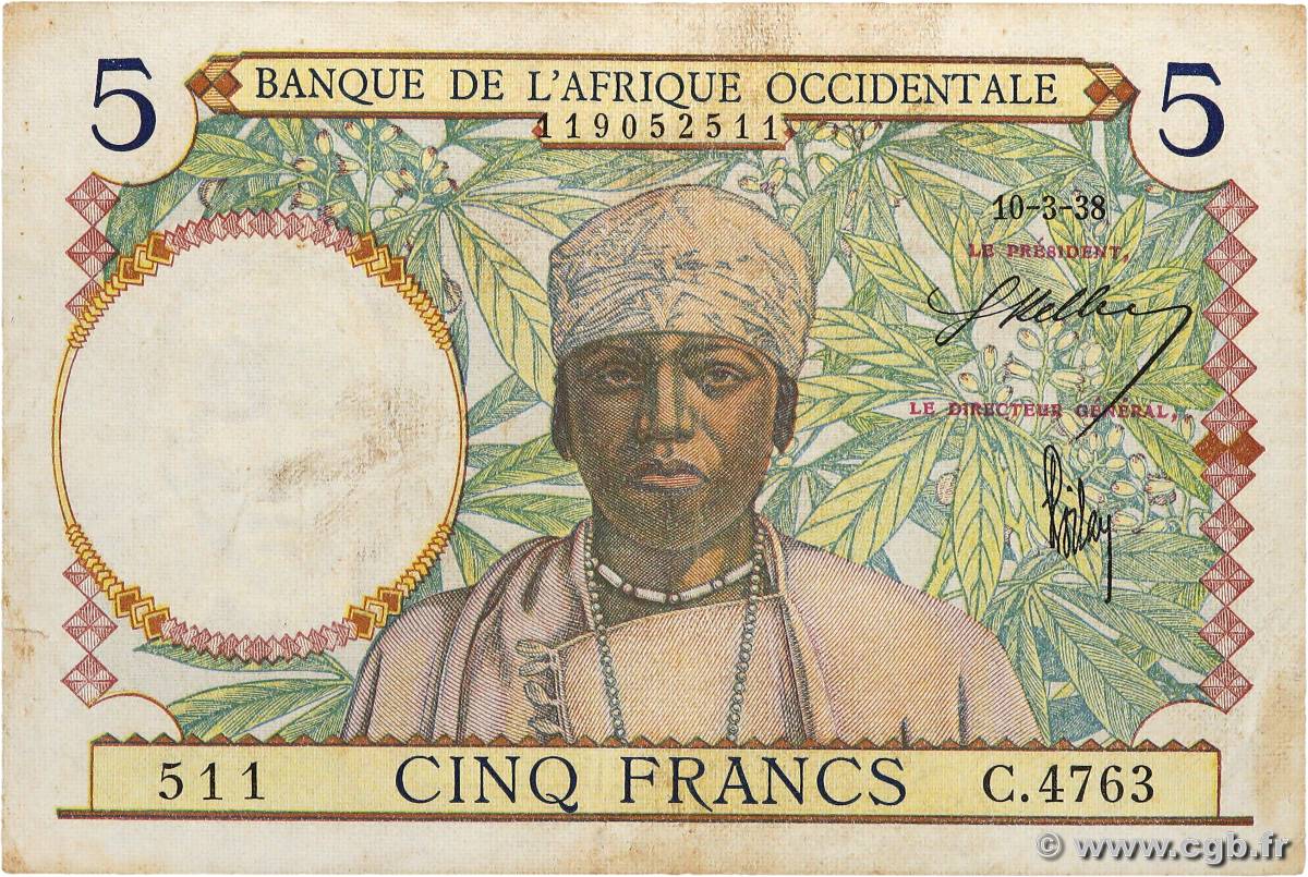 5 Francs AFRIQUE OCCIDENTALE FRANÇAISE (1895-1958)  1938 P.21 TB+