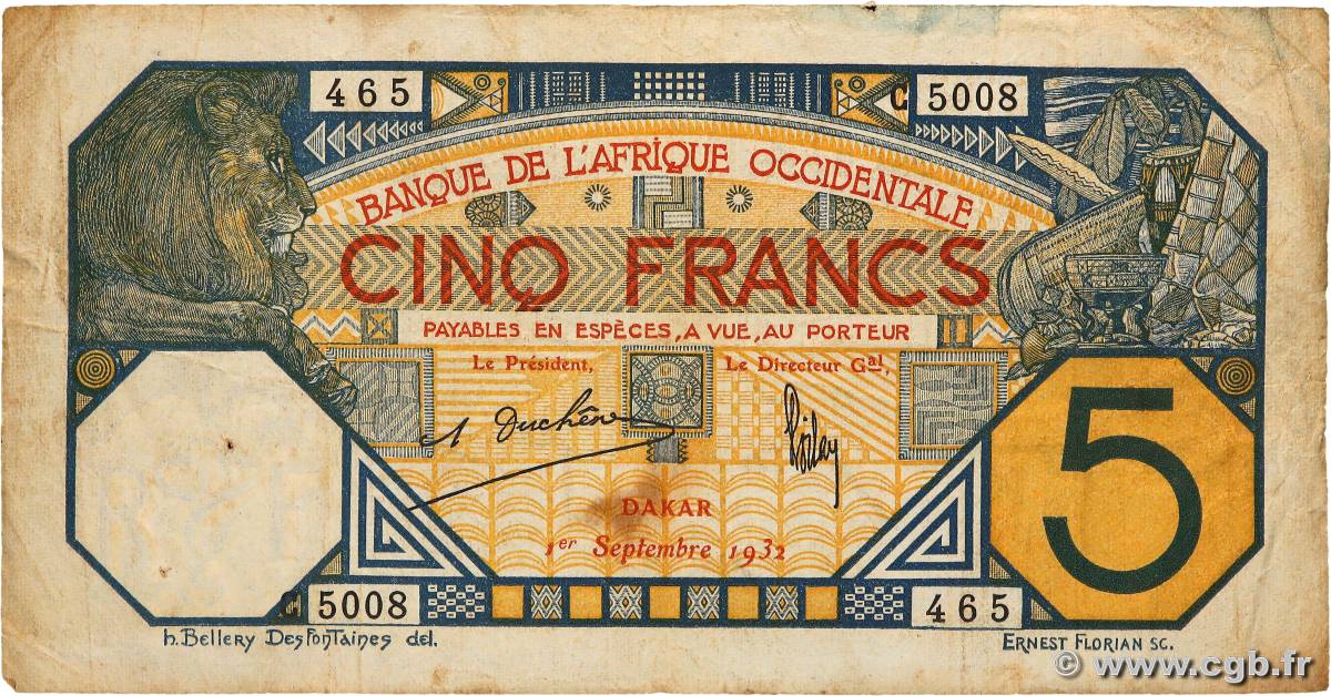 5 Francs DAKAR AFRIQUE OCCIDENTALE FRANÇAISE (1895-1958) Dakar 1932 P.05Be TB