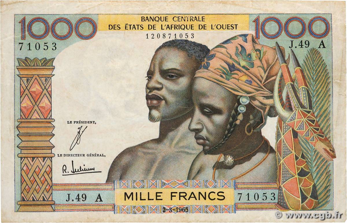 1000 Francs ÉTATS DE L&nbsp;AFRIQUE DE L&nbsp;OUEST  1965 P.103Ad pr.TTB