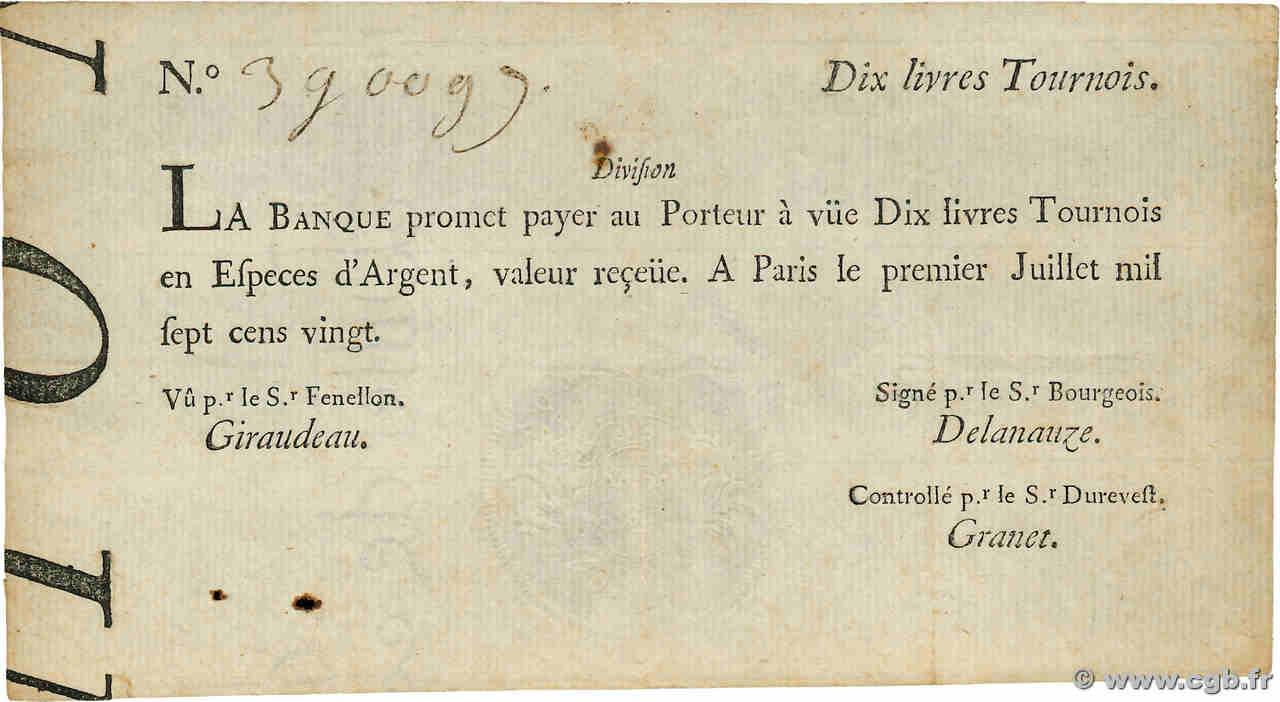 10 Livres Tournois typographié FRANCE  1720 Dor.22 TTB