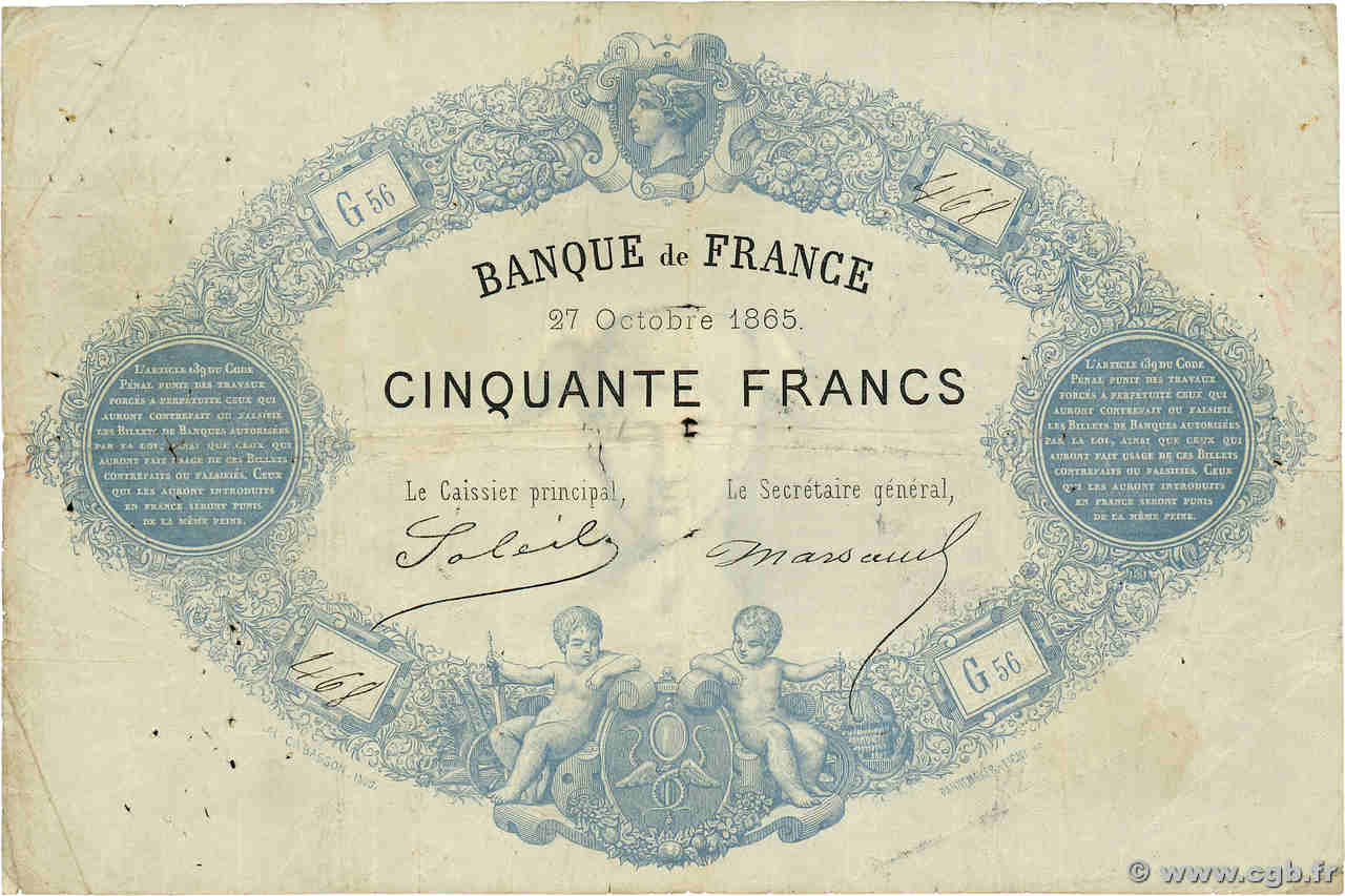 50 Francs type 1864 - Bleu, filigrane Mercure FRANCE  1865 F.A33bis.01 VG
