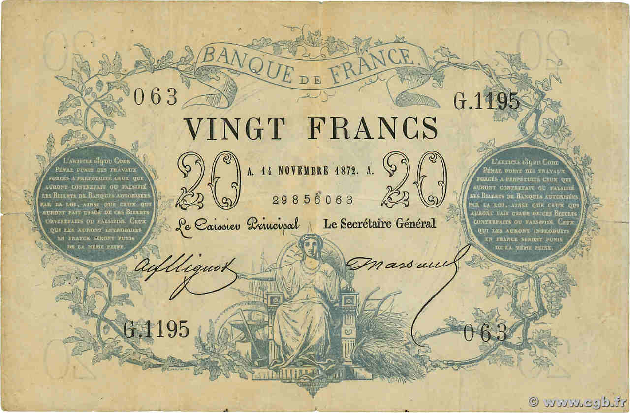 20 Francs type 1871 - Bleu FRANCE  1872 F.A46.03 TB+