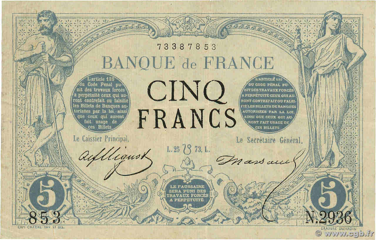 5 Francs NOIR FRANCE  1873 F.01.20 TTB