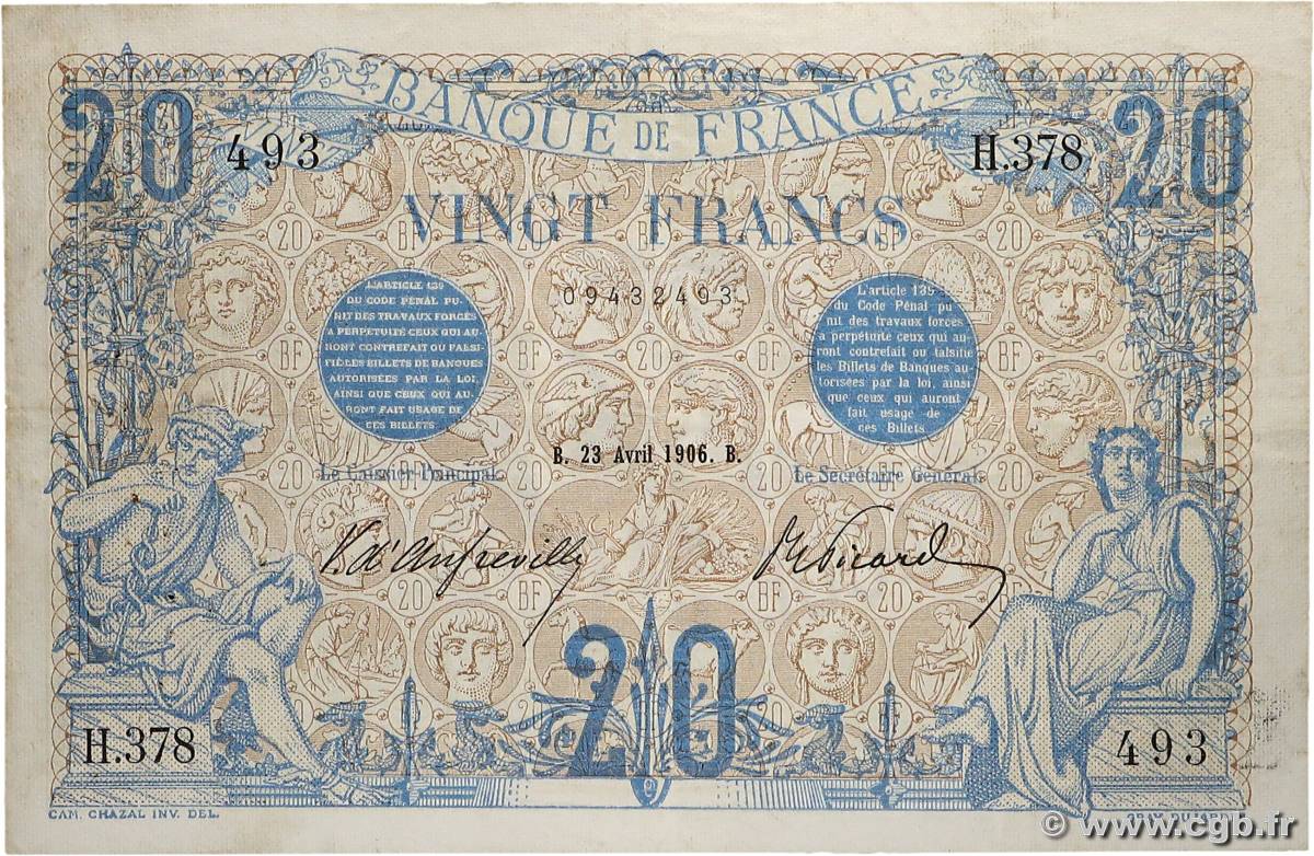 20 Francs BLEU FRANCE  1906 F.10.01 TTB
