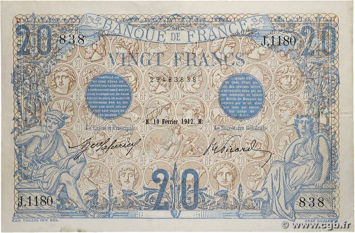 20 Francs BLEU FRANCE  1912 F.10.02 TTB+