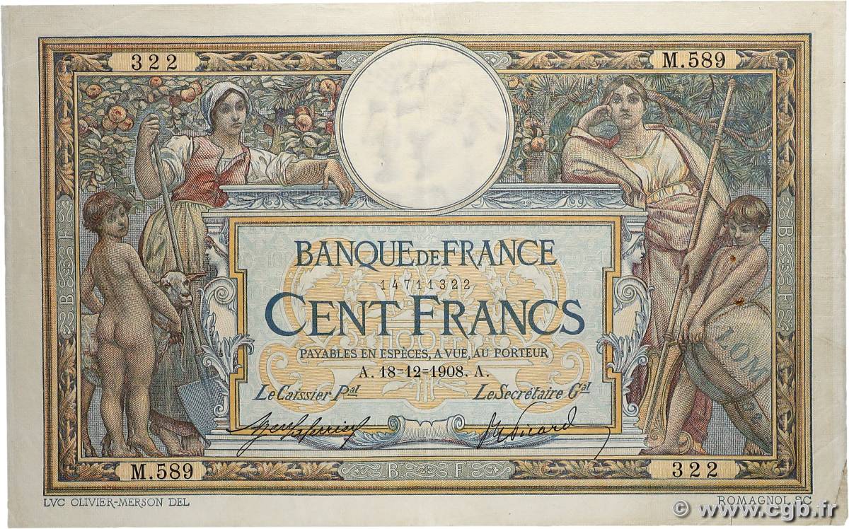 100 Francs LUC OLIVIER MERSON avec LOM FRANCE  1908 F.22.01 TB+