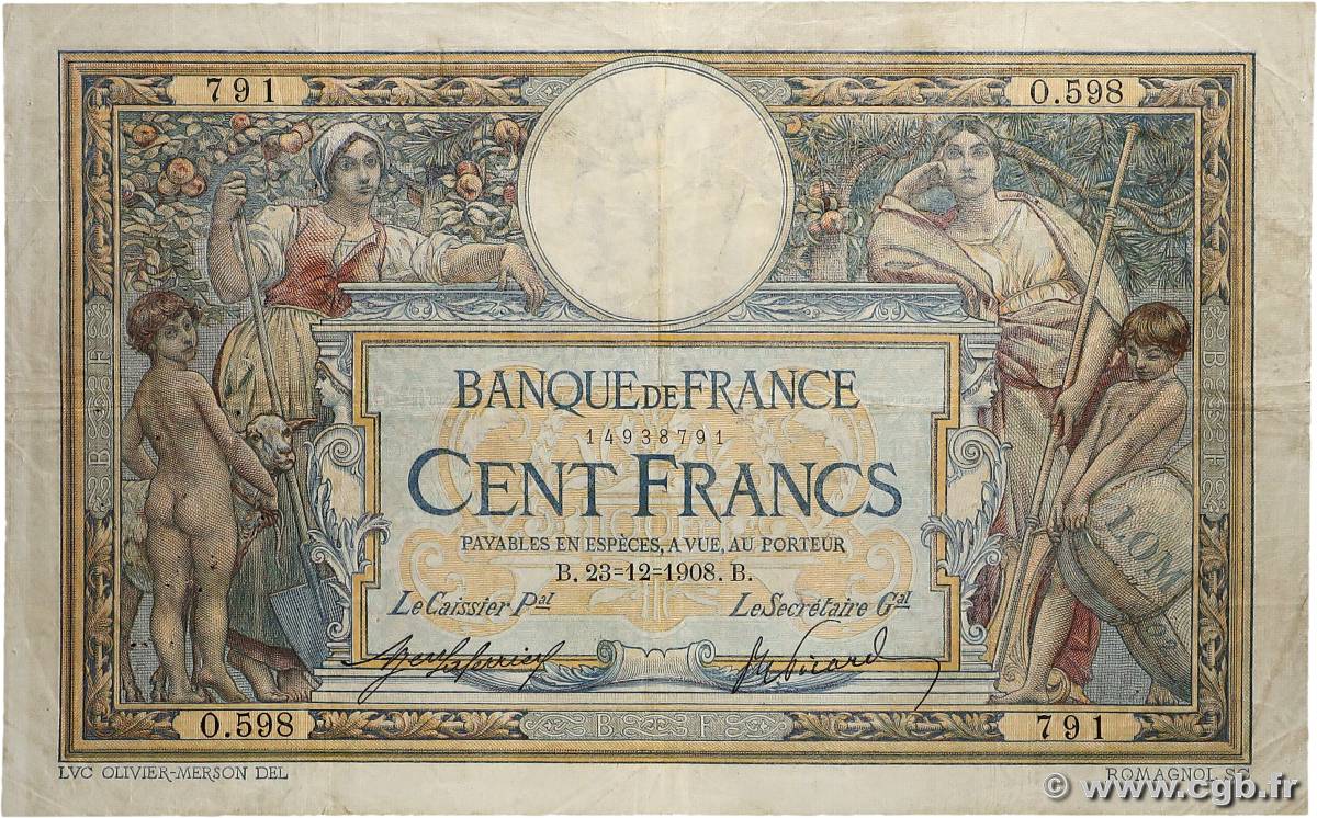 100 Francs LUC OLIVIER MERSON avec LOM FRANCE  1908 F.22.01 TB
