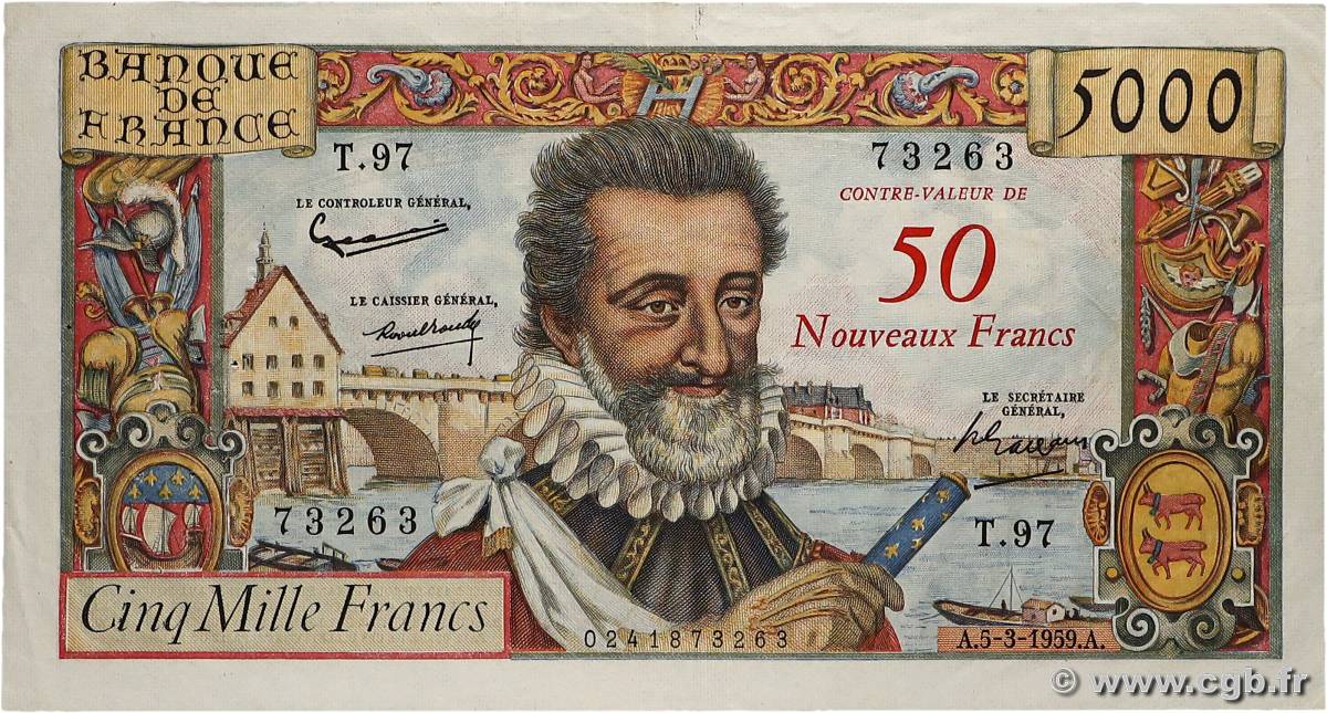 50 NF sur 5000 Francs HENRI IV FRANCE  1959 F.54.02 VF