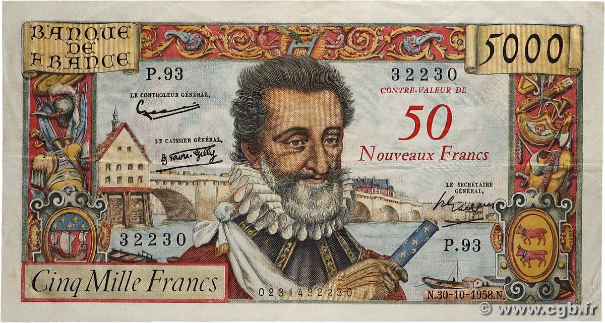 50 NF sur 5000 Francs HENRI IV FRANCE  1958 F.54.01 TTB