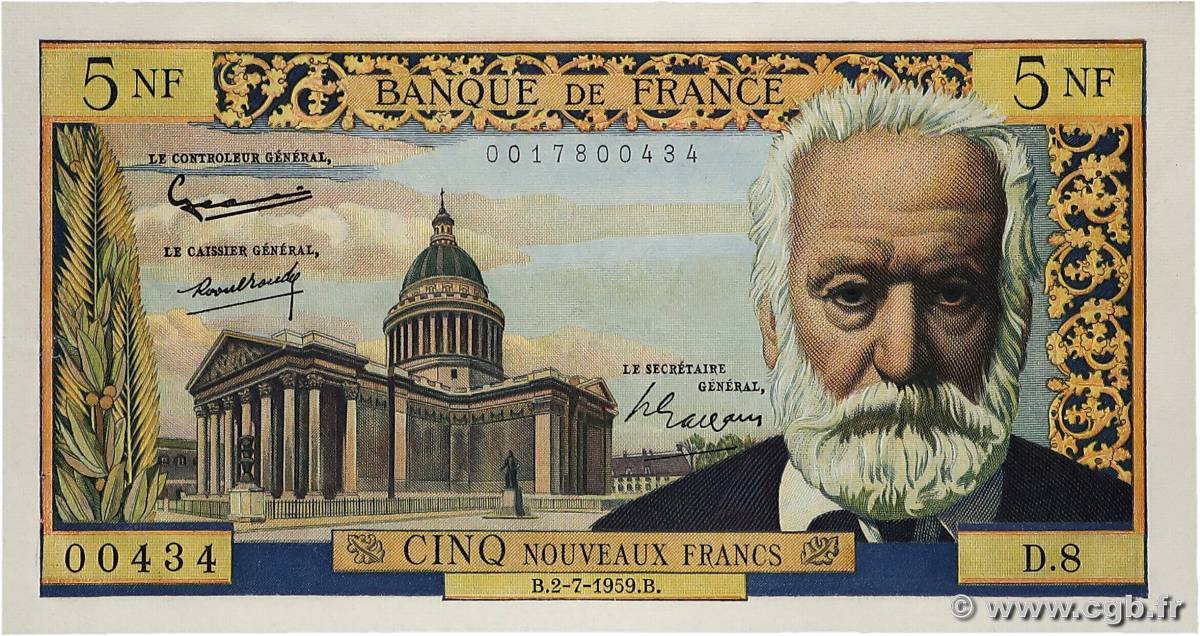 5 Nouveaux Francs VICTOR HUGO FRANCE  1959 F.56.02 SPL
