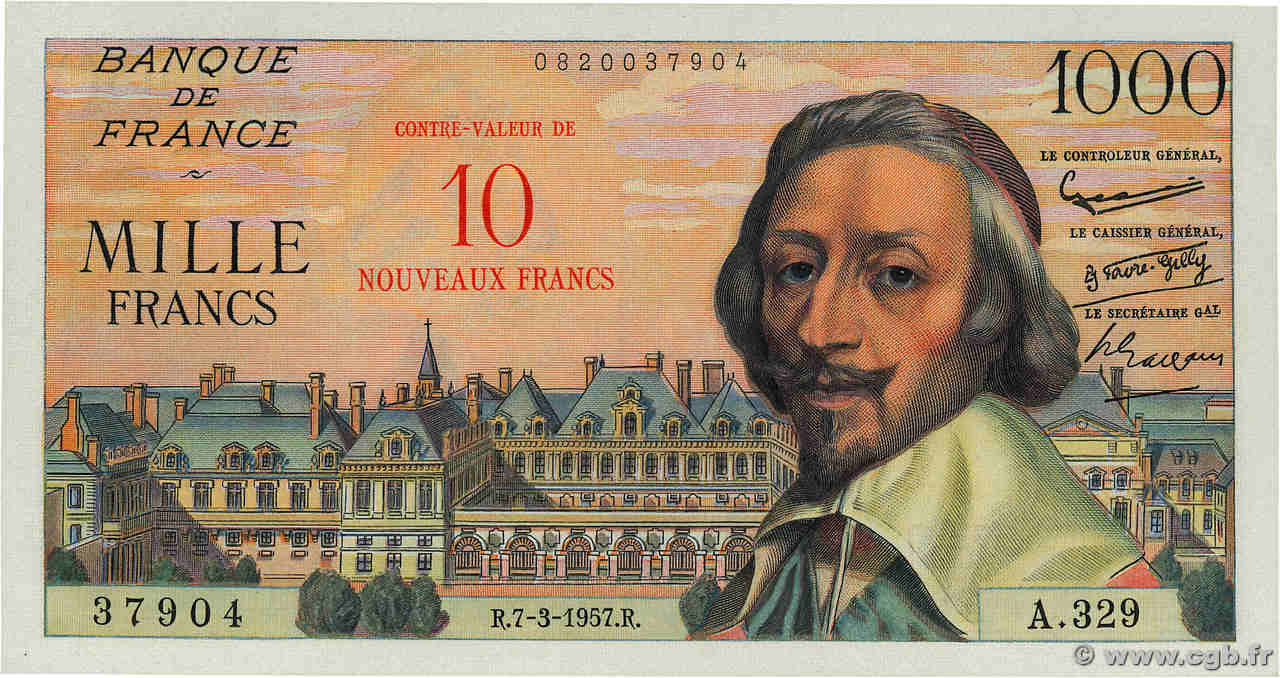 10 NF sur 1000 Francs RICHELIEU FRANCE  1957 F.53.01 AU